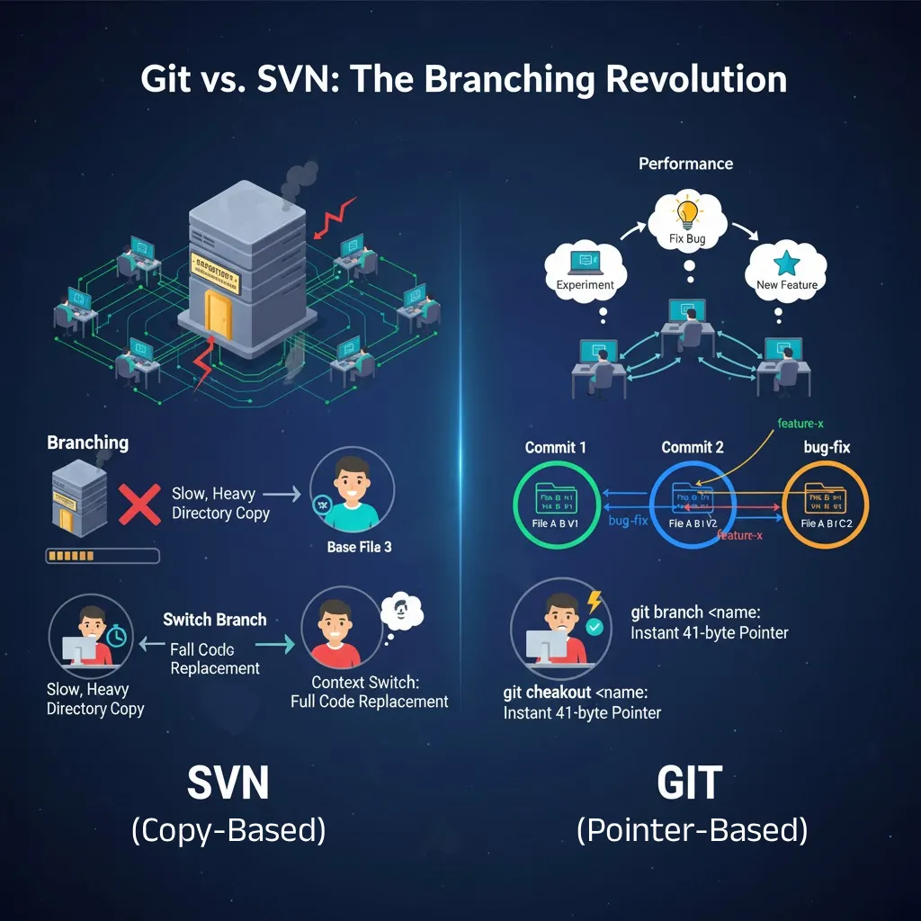 Git so sánh với SVN: Cách hệ thống phân nhánh dữ liệu